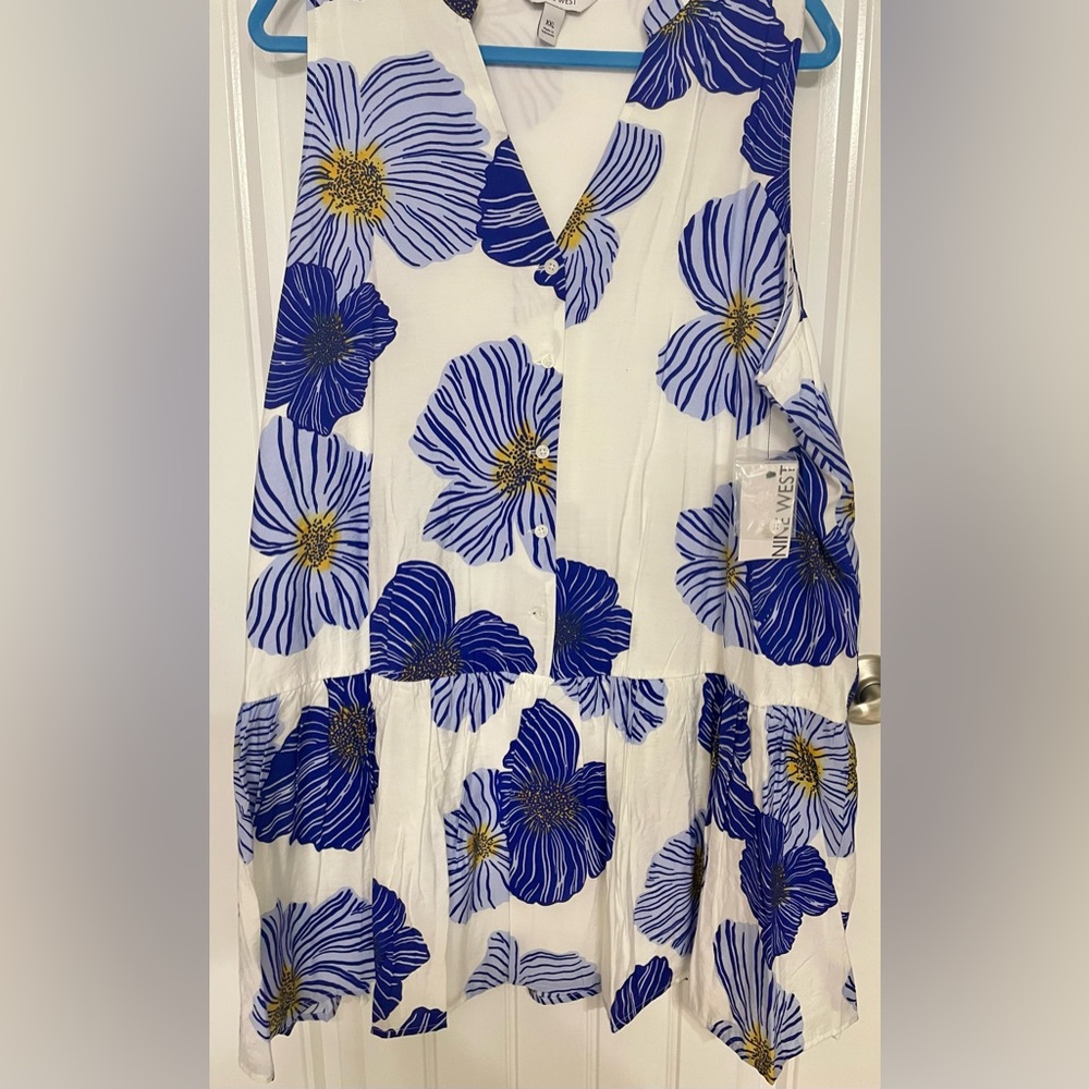 Nine West Blue and White Floral Ruffle Hem Dress, NWT size XXL